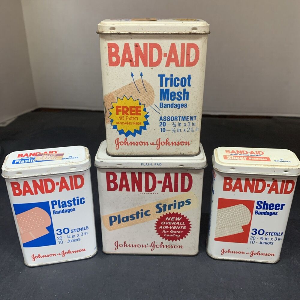 Vintage Lot Of 4 Band-Aid Bandaid Bandage Metal Tin Boxes Johnson & Johnson Prop